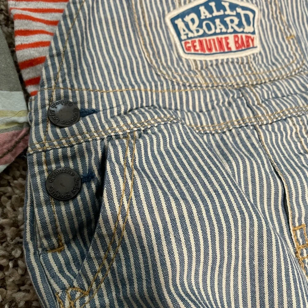 OshKosh B'gosh Blue & White Striped Overalls and 2 Shirts 1 plaid lg sleeves 9 M